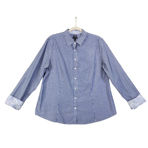 Talbots Womens Non Iron Perfect Shirt Size 16 Blue White Stripe Contrast Cuff - Picture 1 of 8